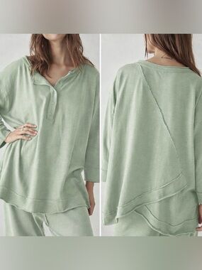 Free People Intimately Exposed Hem Henley Oversized Pullover in Sage Green